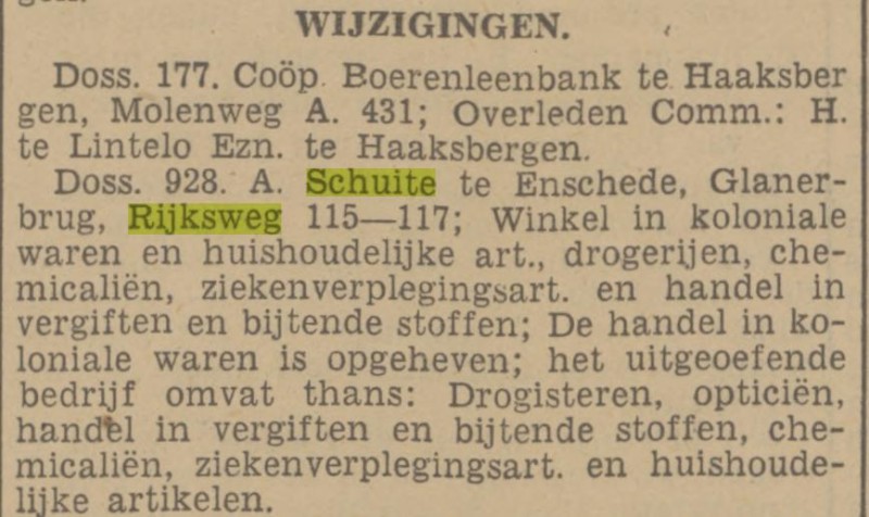 Rijksweg 115-117 Glanerbrug A.Schuite drogisterij opticien krantenbericht Tubantia 26-8-1940.jpg
