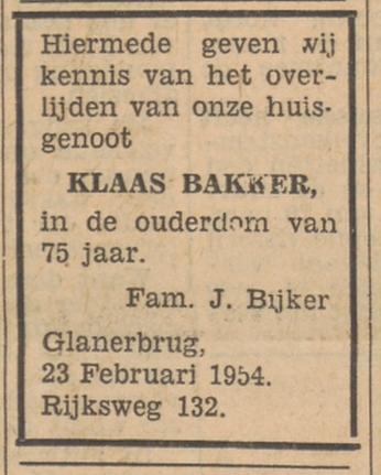 Rijksweg 132 Klaas Bakker overlijdensadvertentie Tubantia 24-2-1954.jpg