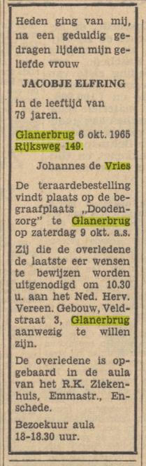 Rijksweg 149 J. de Vries-Elfring overlijdensadvertentie Tubantia 6-10-1965.jpg