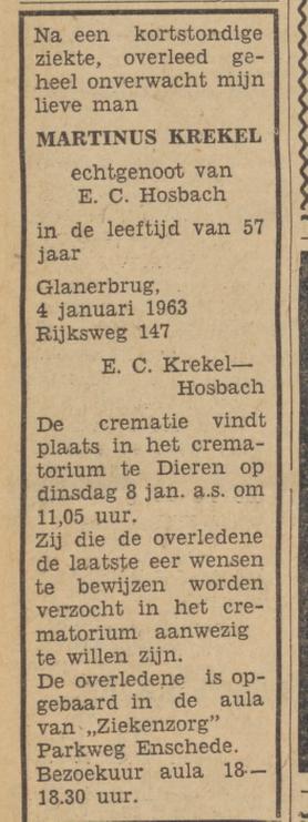 Rijksweg 147 M.Krekel overlijdensadvertentie Tubantia 5-1-1963.jpg