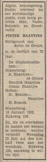 Rijksweg 156 P.Haantjes overlijdensadvertentie Tubantia 19-1-1952.jpg