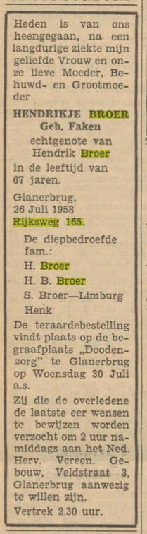 Rijksweg 165 H.Broer-Faken overlijdensadvertentie Tubantia 28-7-1958.jpg