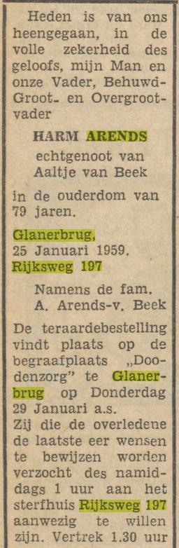 Rijksweg 197 Harm Arends overlijdensadvertentie Tubantia 26-1-1959.jpg