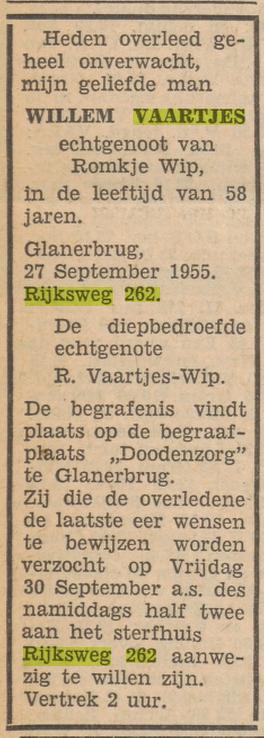 Rijksweg 262 Glanerbrug W.Vaartjes overlijdensadvertentie Tubantia 27-9-1955.jpg