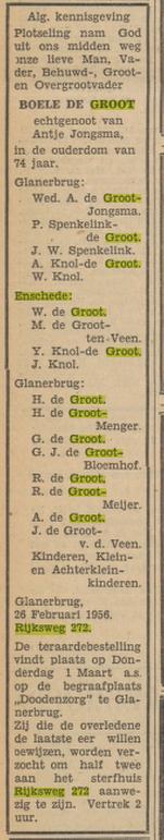 Rijksweg 272 Glanerbrug Boele de Groot overlijdensadvertentie Tubantia 28-2-1956.jpg
