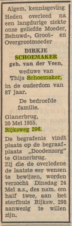 Rijksweg 296 D.Schoemaker-van der Veen overlijdensadvertentie Tubantia 20-5-1955.jpg