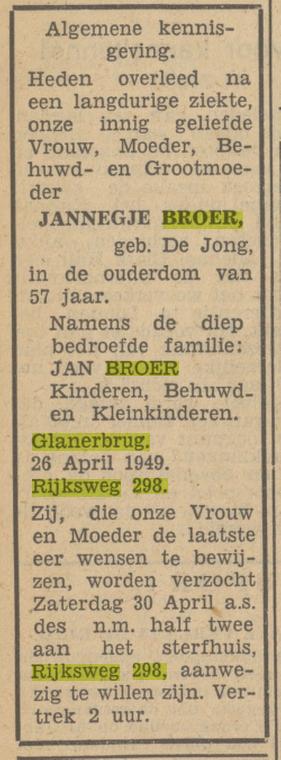 Rijksweg 298 Glanerbrug J.Broer-de Jong overlijdensadvertentie Tubantia 27-4-1949.jpg