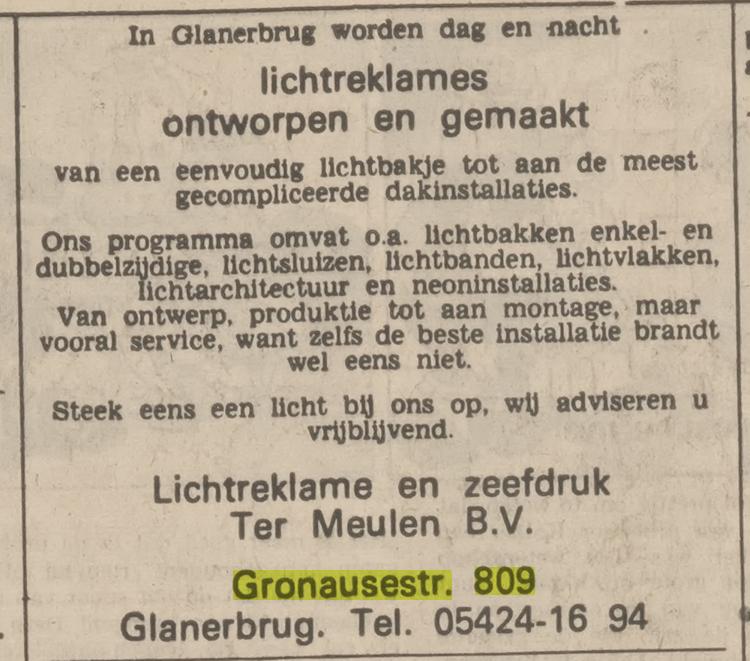 Gronausestraat 809 Glanerbrug Ter Meulen B.V. Lichtreclame en zeefdruk advertentie Tubantia 15-5-1975.jpg