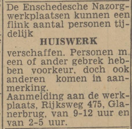 Rijksweg 475 Glanerbrug Enschedesche Nazorgwerkplaatsen advertentie Twentsch nieuwsblad 2-2-1943.jpg