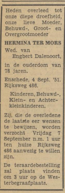 Rijksweg 486 Wed. H.Dalenoort-ter Mors overlijdensadvertentie Tubantia 5-9-1951.jpg