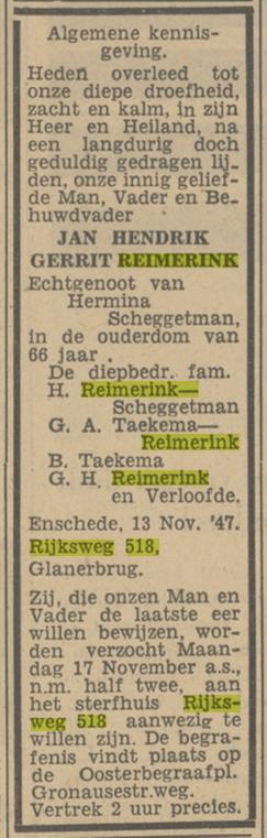 Rijksweg 518 J.H.G.Reimerink overlijdensadvertentie Tubantia 15-11-1947.jpg