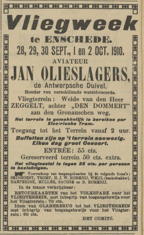 Gronauseweg Den Dommert vliegweek Jan Olieslagers Advertentie. Tubantia. Enschede, 29-09-1910. ,.jpg
