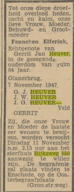 Rijksweg 550 F.Heuver-Elferink overlijdensadvertentie Tubantia 8-11-1947.jpg