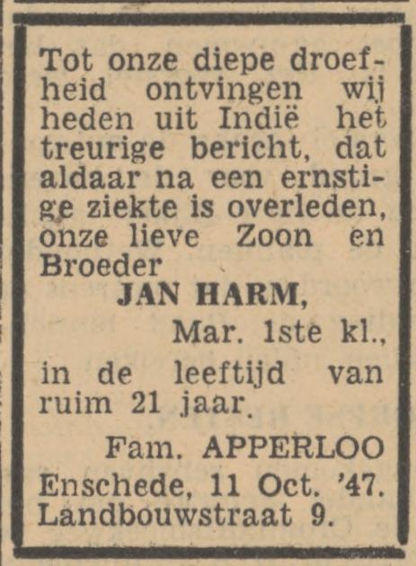 Landbouwstraat 9 J.H.Apperloo overlijdensadvertentie Tubantia 14-10-1947.jpg