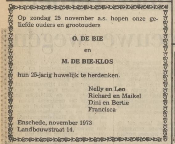 Landbouwstraat 14 O. de Bie advertentie Tubantia 22-11-1973.jpg