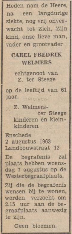 Landbouwstraat 12 C.F.Welmers overlijdensadvertentie Tubantia 3-8-1963.jpg
