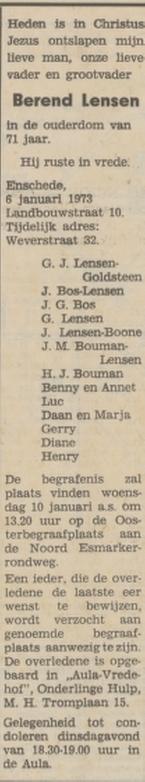 Landbouwstraat 10 B.Lensen overlijdensadvertentie Tubantia 8-1-1973.jpg