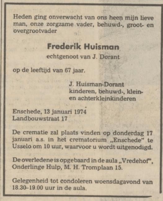 Landbouwstraat 17 F.Huisman overlijdensasvertentie Tubantia 14-1-1974.jpg