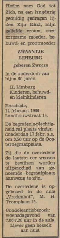 Landbouwstraat 15 Z.Limburg-Zweers overlijdensadvertentie Tubantia 15-2-1966.jpg