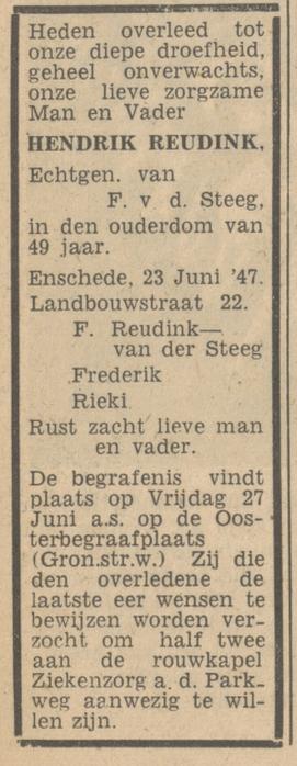Landbouwstraat 22 H.Reudink overlijdensadvertentie Tubantia 25-6-1947.jpg