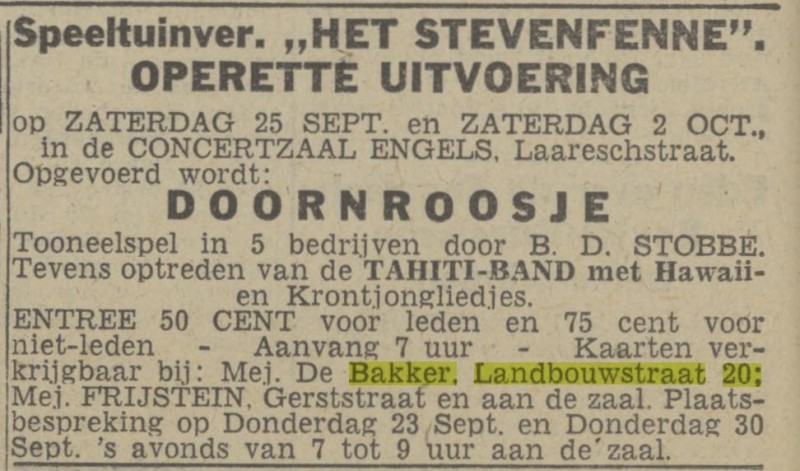 Landbouwstraat 20 Mej. De Bakker advertentie Twentsch nieuwsblad 23-9-1943.jpg