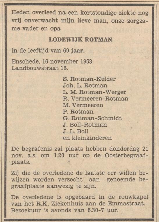 Landbouwstraat 18 Lodewijk Rotman overlijdensadvertentie Tubantia 18-11-1963.jpg