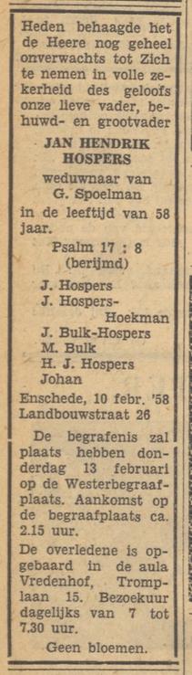 Landbouwstraat 26 J.H.Hospers overlijdensadvertentie Tubantia 11-2-1958.jpg