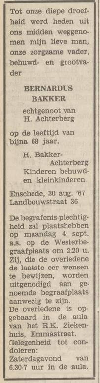 Landbouwstraat 36 Bernardus Bakker overlijdensadvertentie Tubantia 31-8-1967.jpg