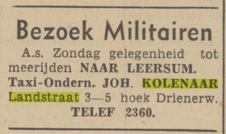 Landstraat 3-5 hoek Drienerweg Joh. Kolenaar Taxi onderneming advertentie Tubantia 17-1-1950.jpg