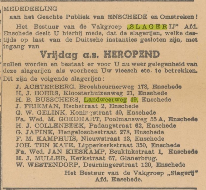 Landweerweg 45 slagerij H.B.Busschers advertentie Twentsche courant 19-4-1945.jpg