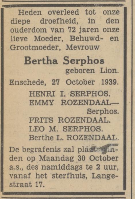 Langestraat 17 Bertha Serphos-Lion overlijdensadvertentie Tubantia 28-10-1939.jpg