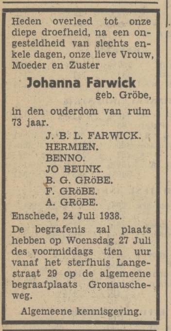 Langestraat 29 Johanna Farwick-Gröbe overlijdensadvertentie Tubantia 25-7-1938.jpg