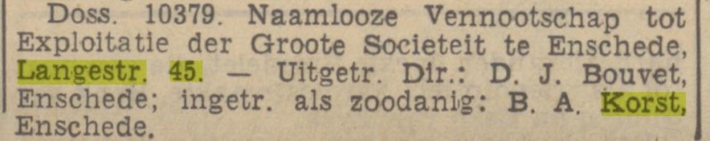 Langestraat 45 B.A.Korst Dir. Groote Societeit krantenberich Tubantia 22-12-1937.jpg