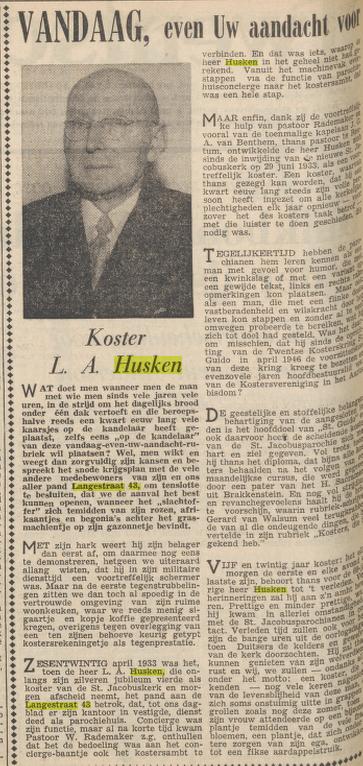 Langestraat 43 L.A. Husken koster concierge Parochiehuis krantenbericht Twentsche courant 9-8-1958.jpg
