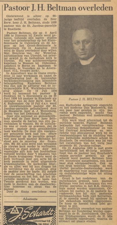 Langestraat 51 Pastoor J.H. Beltman krantenbericht Tubantia 12-10-1954.jpg