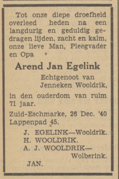 Lappenpad 45 Zuid-Eschmarke A.J.Egelink overlijdensadvertentie Tubantia 27-12-1940.jpg