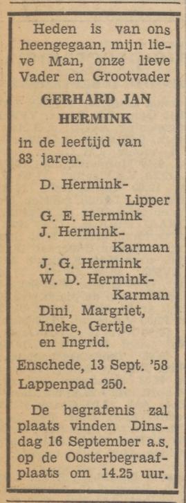 Lappenpad 250 G.J.Hermink overlijdensadvertentie Tubantia 15-9-1958.jpg