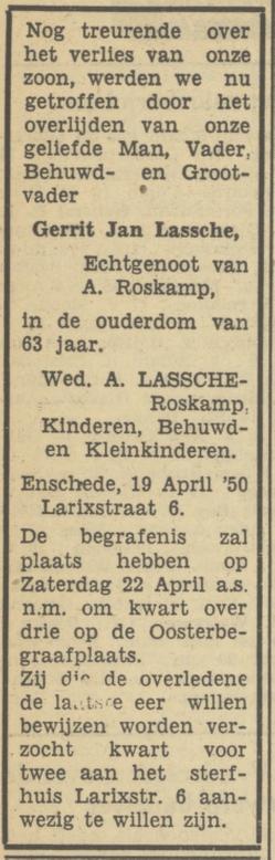 Larixstraat 6 G.J.Lassche overlijdensadvertentie Tubantia 20-4-1950.jpg