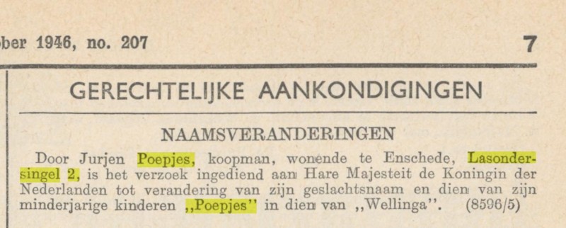 Lasondersingel 2 J.Poepjes naamsverandering in Wellinga bericht Nederlandsche Staatscourant 22-10-1946.jpg