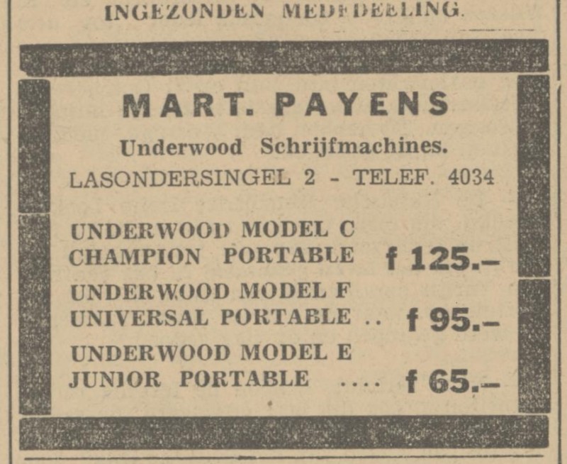 Lasondersingel 2 Underwood schrijfmachines Mart. Payens advertentie Tubantia 28-12-1935.jpg