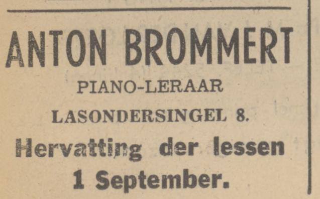 Laaressingel 8 Anton Brommert piano-leraar advertentie Tubantia 30-8-1939.jpg
