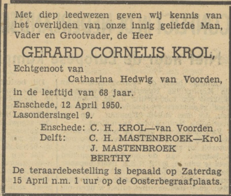 Lasondersingel 9 G.C. Krol overlijdensadvertentie Tubantia 13-4-1950.jpg