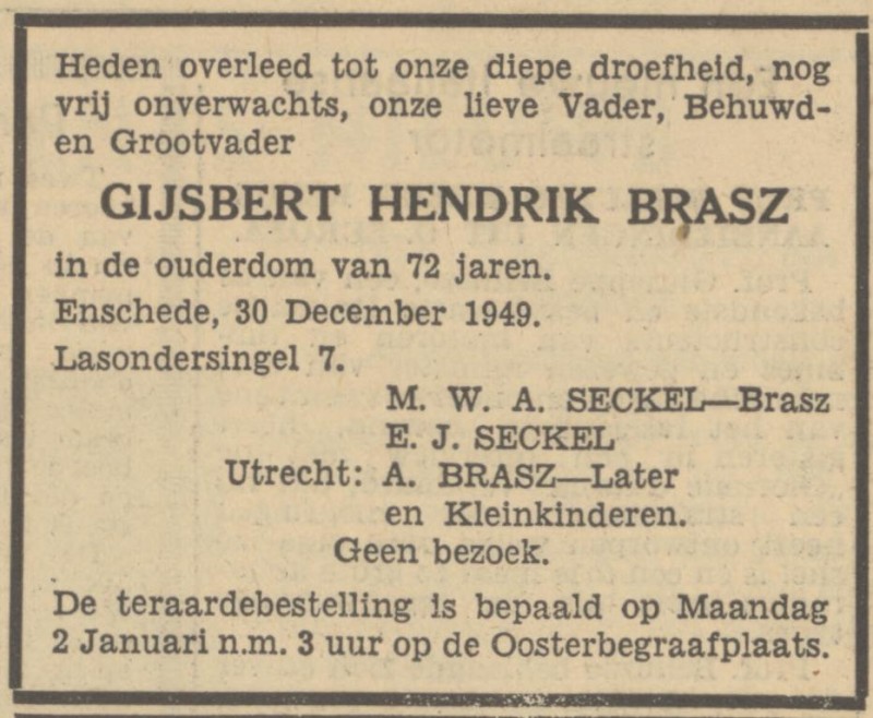 Lasondersingel 7 G.H. Brasz overlijdensadvertentie Tubantia 30-12-1949.jpg