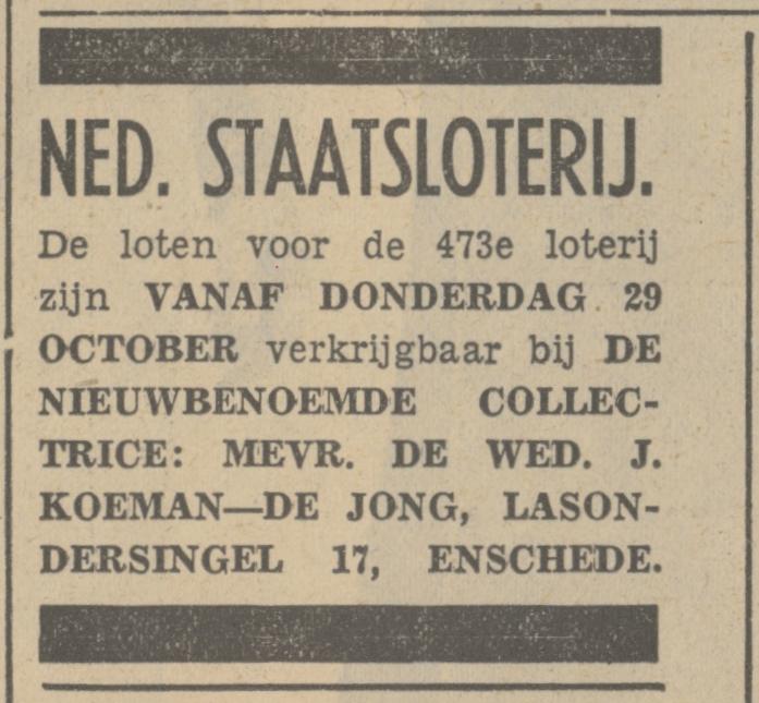 Lasondersingel 17 Mevr. Wd. J.Koeman-De Jong collectrice Staatsloterij advertentie Tubantia 24-10-1936.jpg