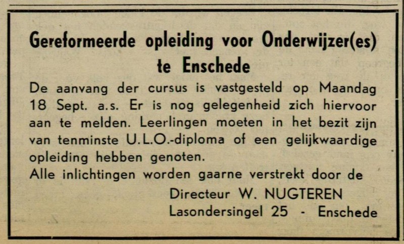 Lasondersingel 25 W.Nugteren directeur advertebtie Gereforneerd gezinsblad 7-9-1950.jpg