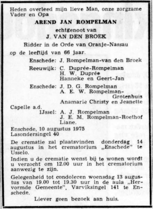 Lasondersingel 40 A.J. Rompelman overlijdensadvertentie De Telegraaf 12-8-1975.jpg