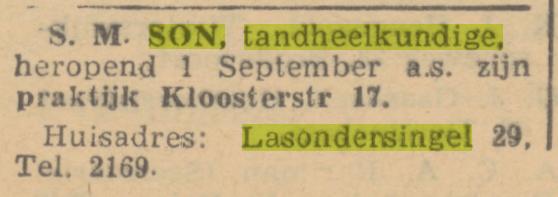 Lasondersingel 29 S.M.Son tandheelkundige advertentie Trouw 25-8-1945.jpg