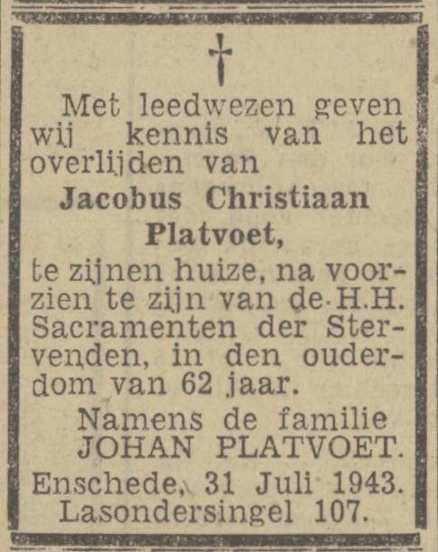 Lasondersingel 107 J.C.Platvoet overlijdensadvertentie Twentsch nieuwsblad 2-8-1943.jpg