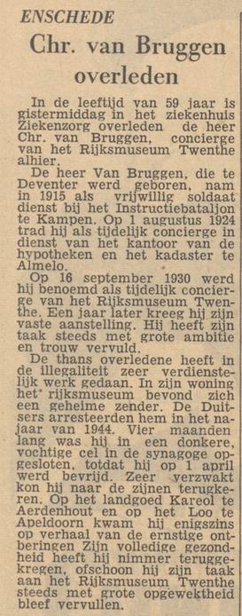 Lasondersingel 129 Chr. van Bruggen concierge Rijksmuseum Twenthe krantenbericht Tubantia 14-5-1957.jpg