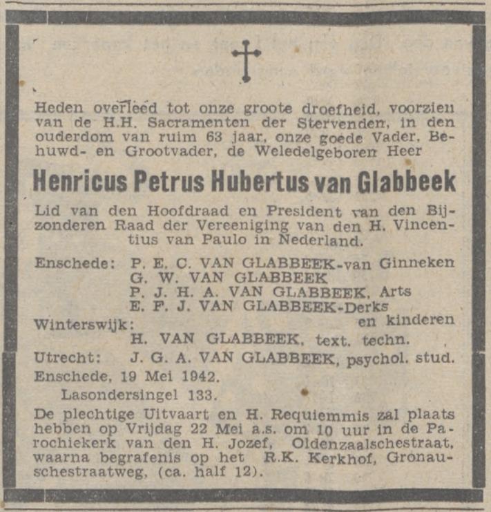 Lasondersingel 133 H.P.H. van Glabbeek overlijdensadvertentie De Tijd 20-5-1942.jpg
